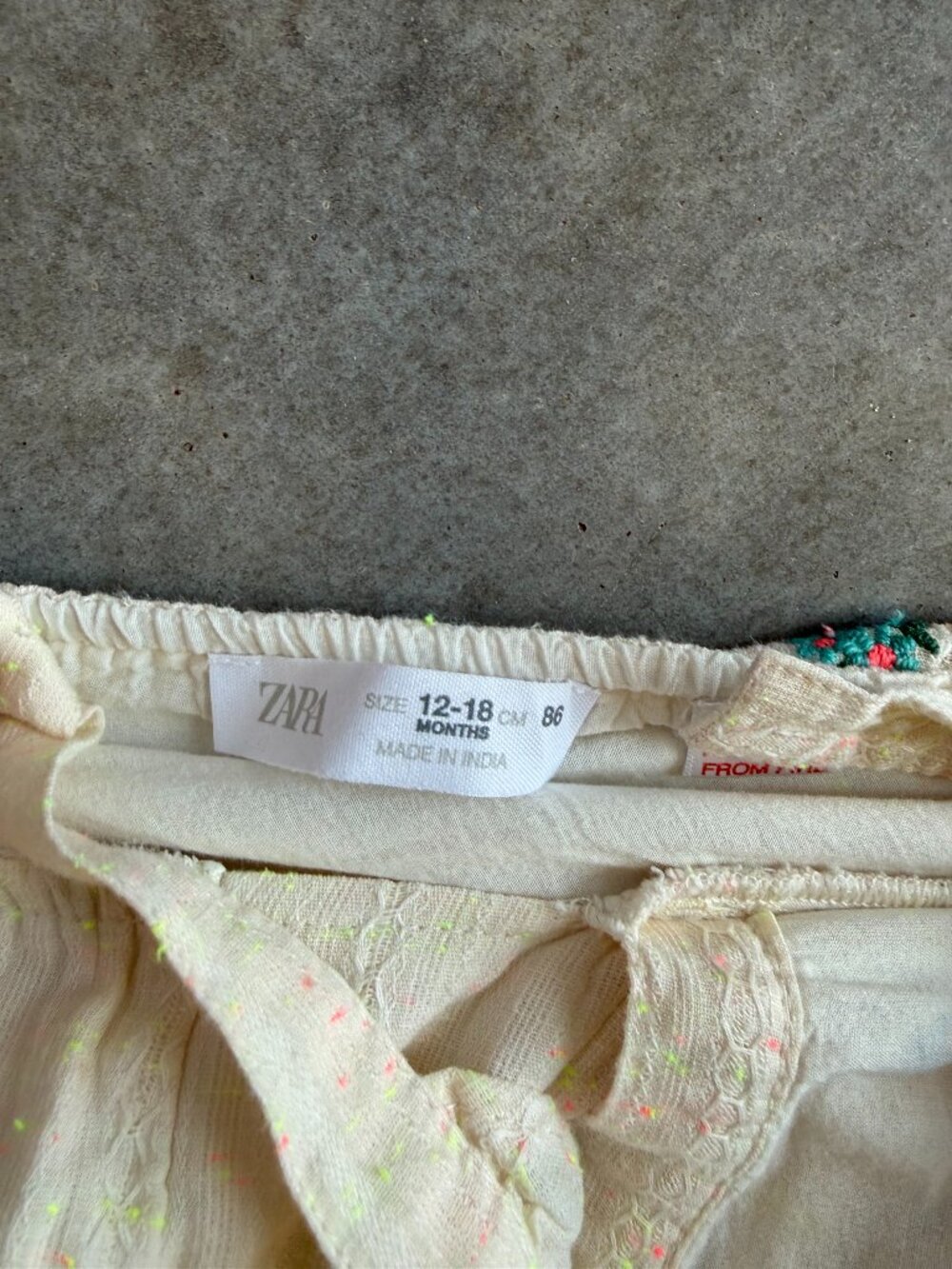 Zara Baby Girl Embroidered Floral Dress 12-18M Cream Neon Fleck Ruffle Straps